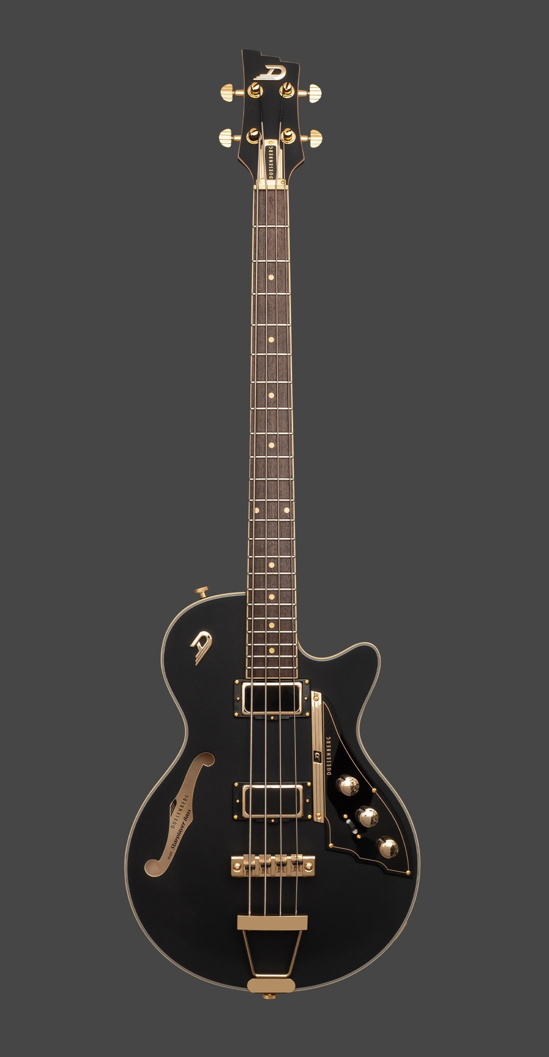 Duesenberg Starplayer Bass 系列:2026 新增半空心贝斯型号一览 3 Duesenberg Starplayer Bass 黑丝绒(Black Velvet / Matt-Gold):哑光黑漆面,金色硬件(2026 新款官方图)